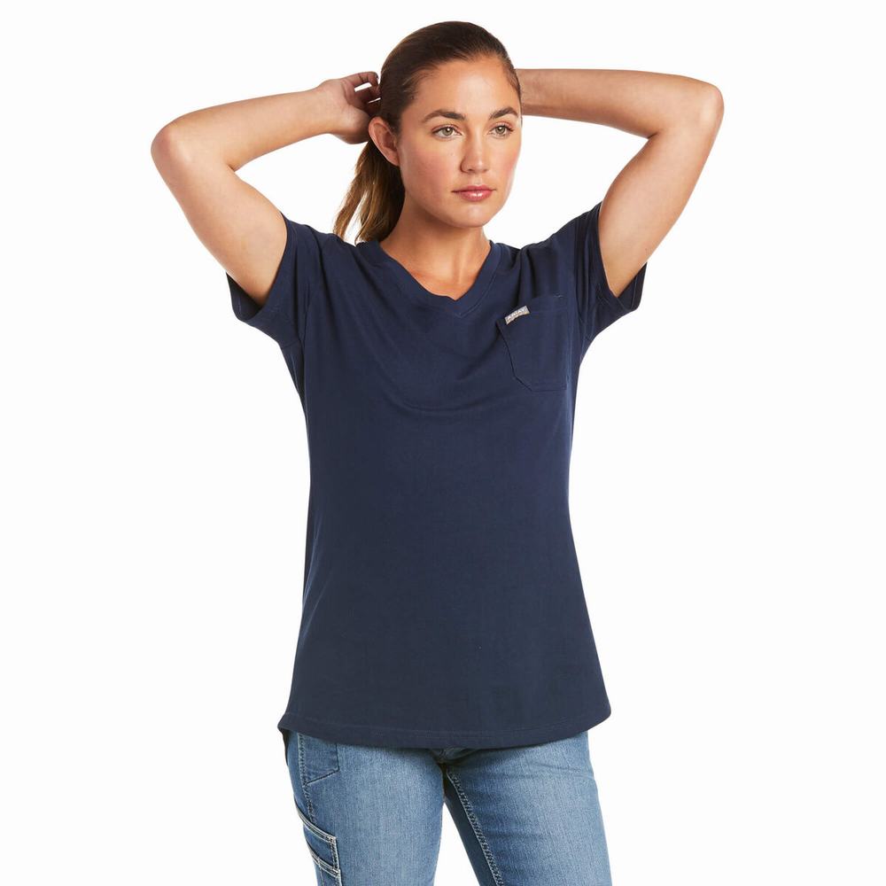 Dámské Short Sleeve Ariat Rebar Bavlněné Strong V-Neck Tmavě Blankyt | GRXA-08241